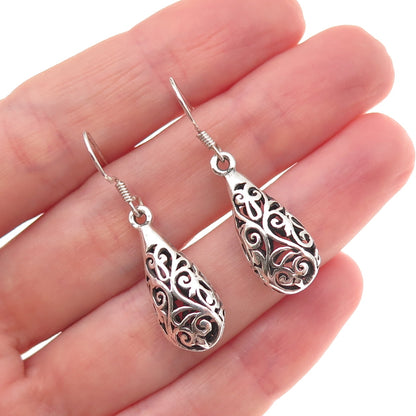 925 Sterling Silver Vintage Floral Scroll Teardrop Oxidized Dangle Earrings
