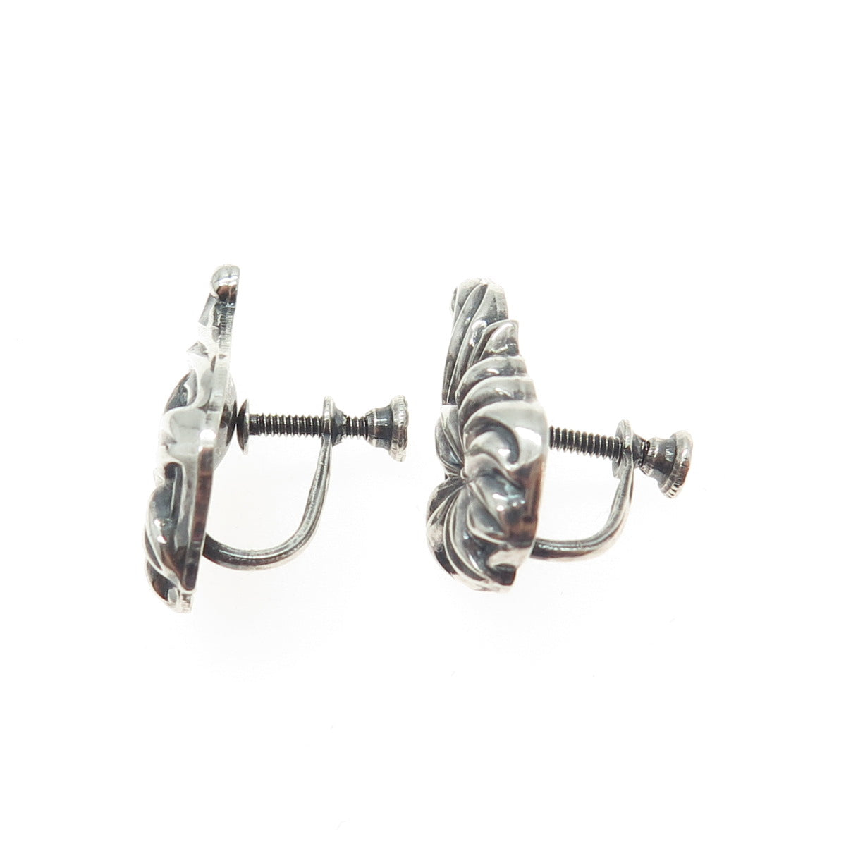 925 Sterling Silver Antique Art Deco Lily Repousse Oxidized Screw Back Earrings