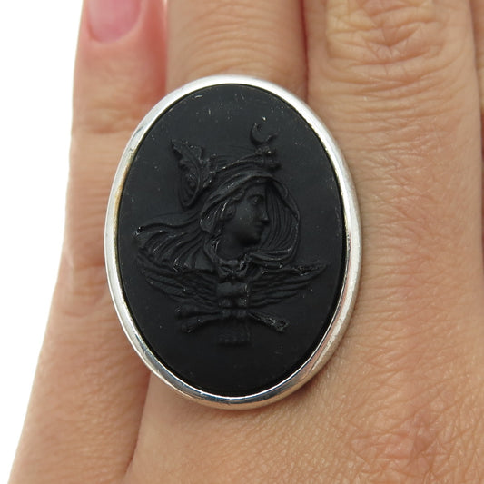 925 Sterling Silver Vintage Black Ceramic Athena Greek Goddess Ring Size 6.25