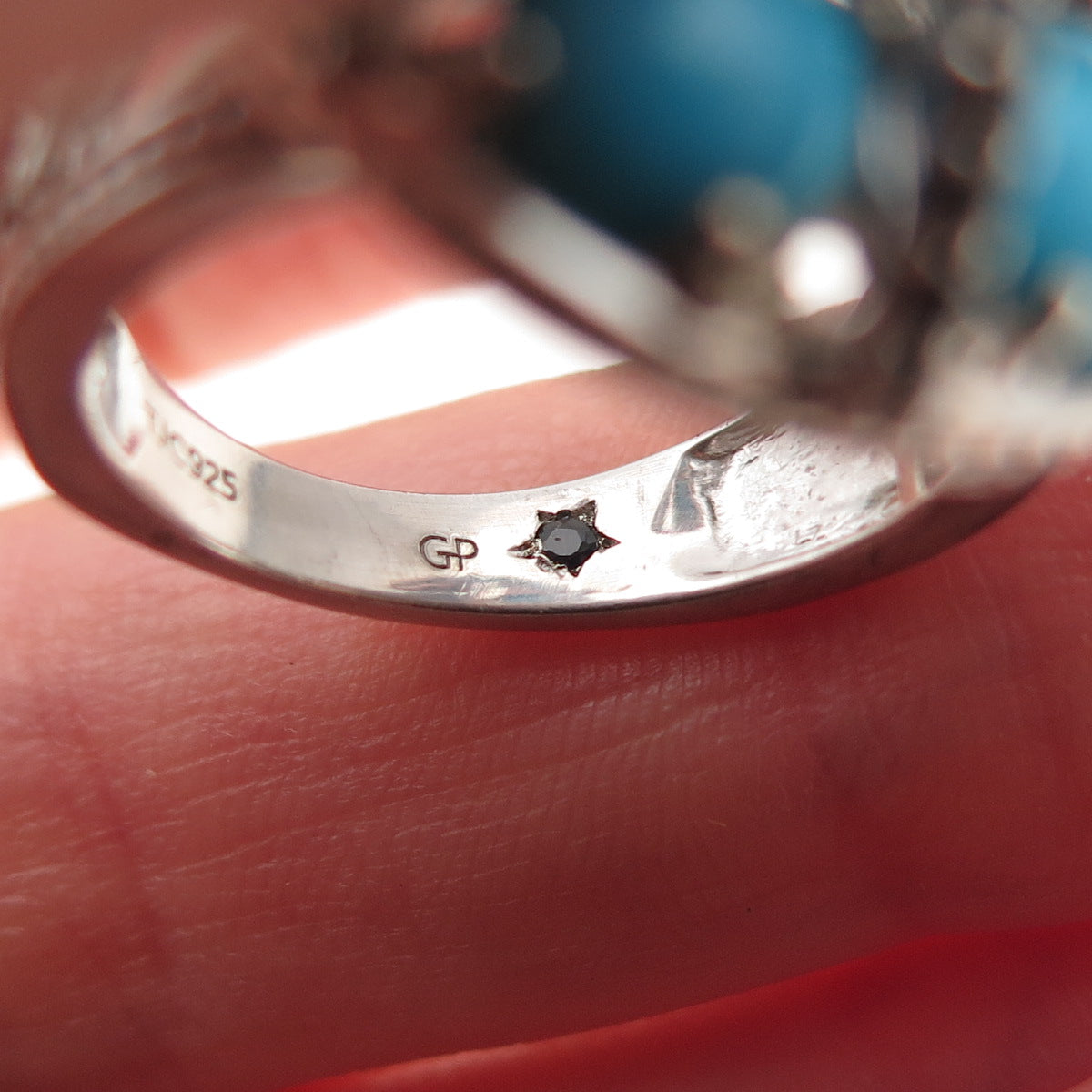 925 Sterling Silver Real Turquoise Black Spinel & Sapphire Ring Size 7