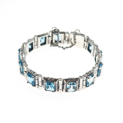 AF DESIGN Sterling Silver Vintage Blue Topaz Modernist Panel Link Bracelet 7.5"