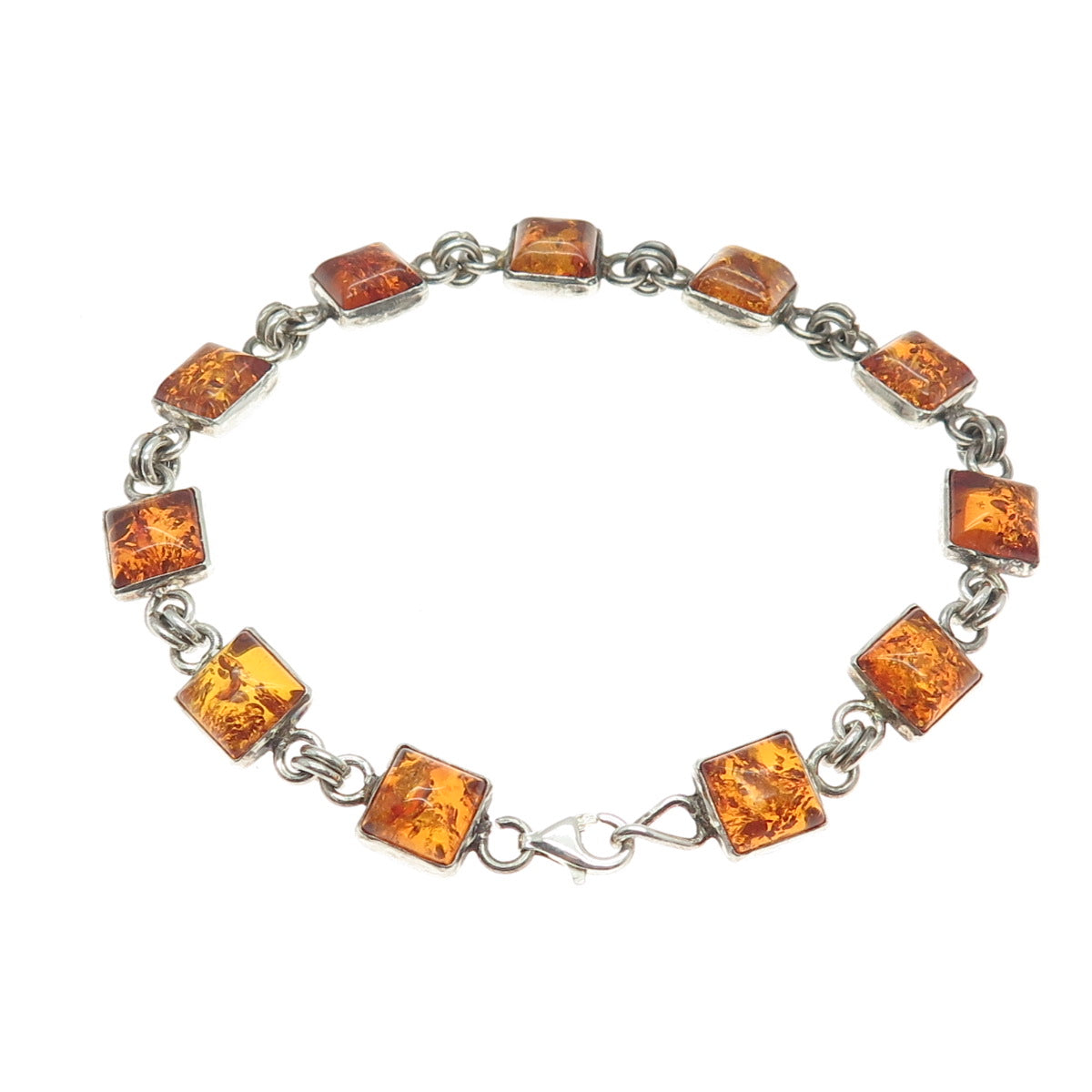 925 Sterling Silver Vintage Real Baltic Amber Tennis Link Bracelet 8"