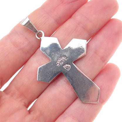 925 Sterling Silver Vintage Mexico Real Turquoise Inlay Cross Pendant