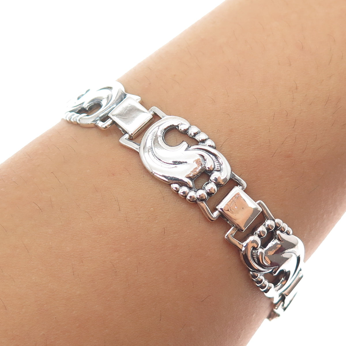 EILER & MARLOE 830S Silver Antique Art Deco Denmark Floral Bracelet 7.5" #12
