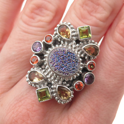 Nicky Butler 925 Sterling Silver Vintage Real Druzy & Multi-Gem Ring Size 8