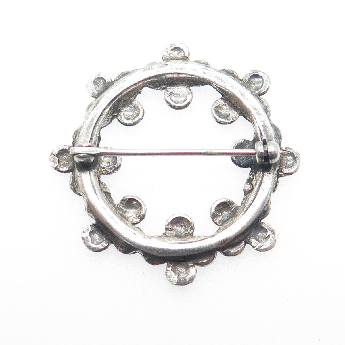 925 Sterling Silver Vintage Floral Blossom Circle Oxidized Pin Brooch