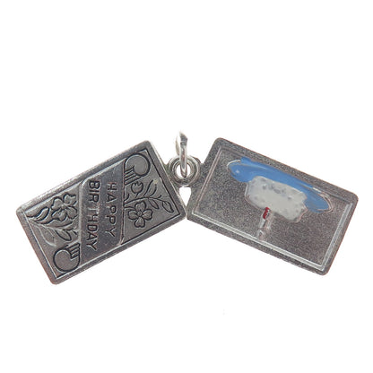 WELLS 925 Sterling Silver Antique Enamel "Happy Birthday" Floral Cake Pendant