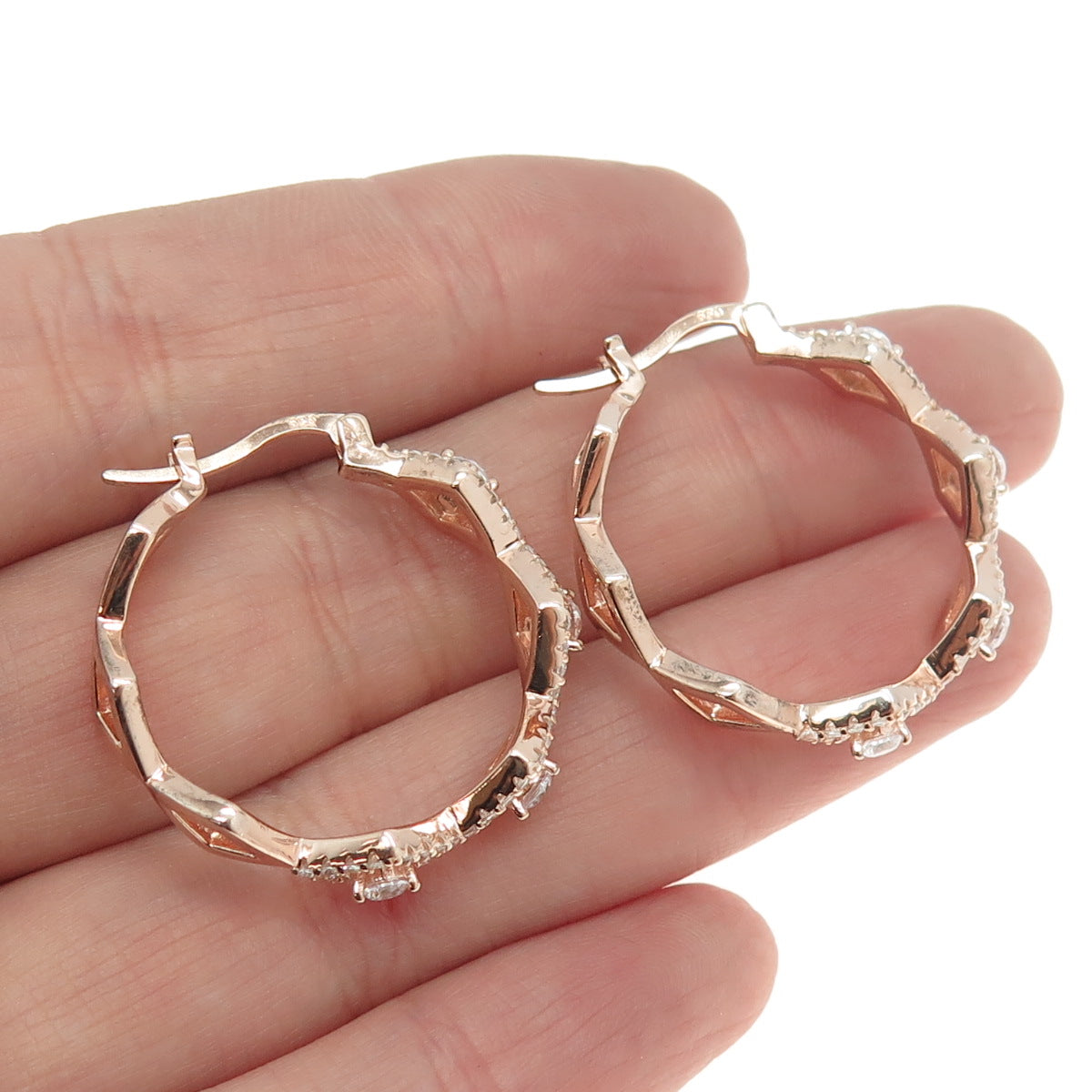 925 Sterling Silver Rose Gold Plated Pave C Z Hinged Hoop Earrings