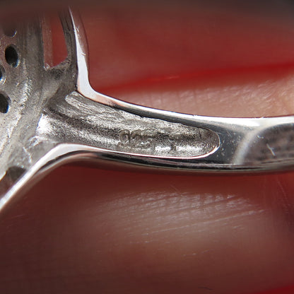 925 Sterling Silver Real Black Spinel Gemstone & C Z Teardrop Ring Size 7