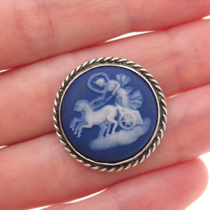 Wedgwood & Birks 925 Sterling Silver Antique Jasperware Athena in Chariot Brooch