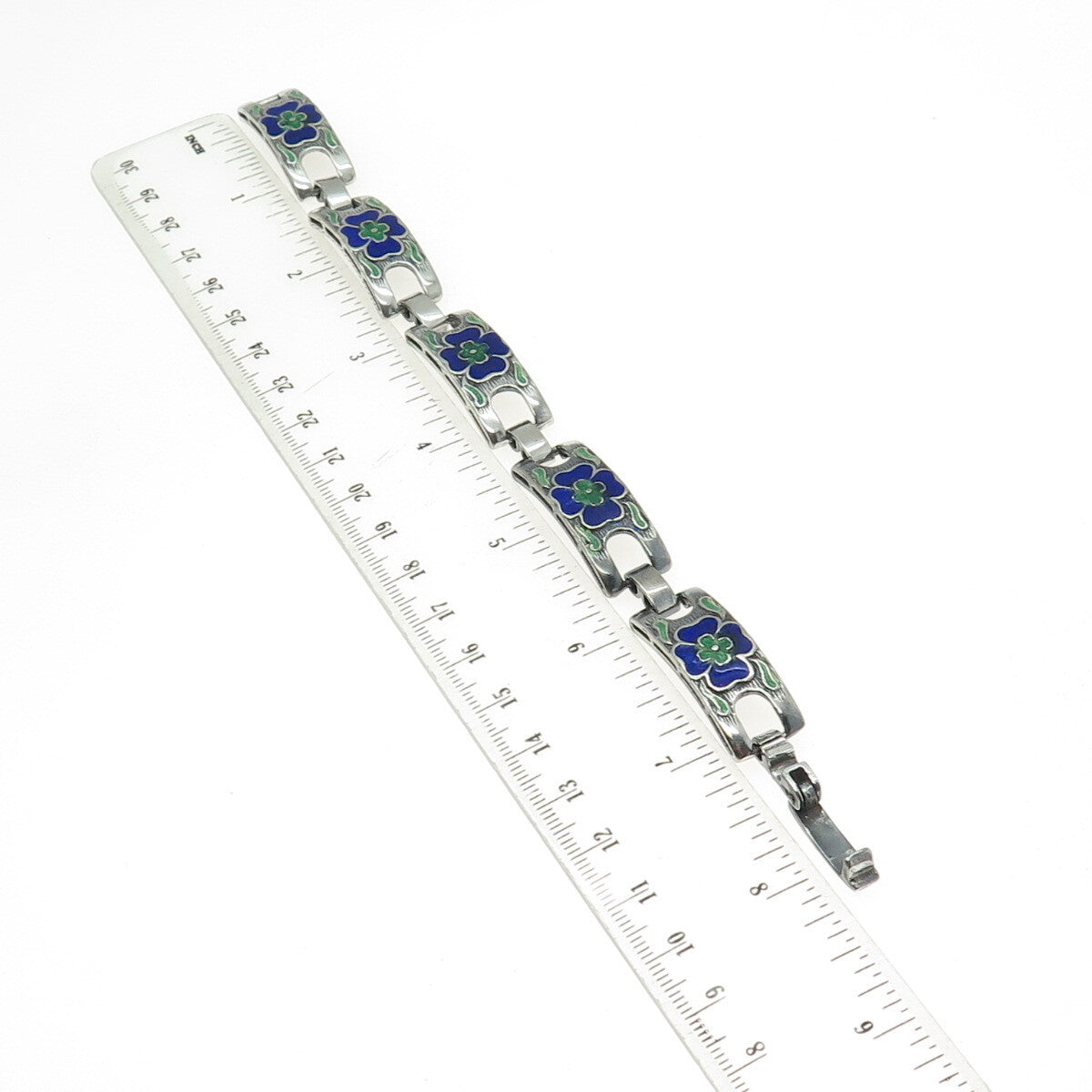 925 Sterling Silver Vintage Enamel Floral Panel Link Oxidized Bracelet 7.5"