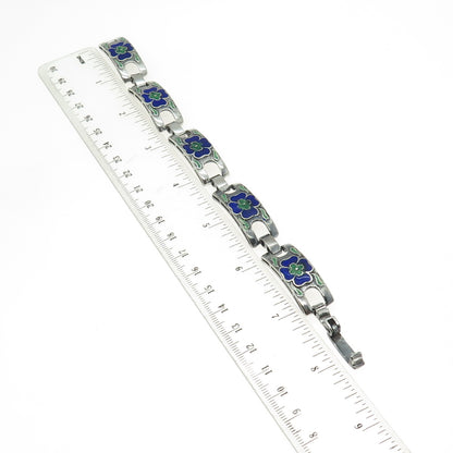 925 Sterling Silver Vintage Enamel Floral Panel Link Oxidized Bracelet 7.5"