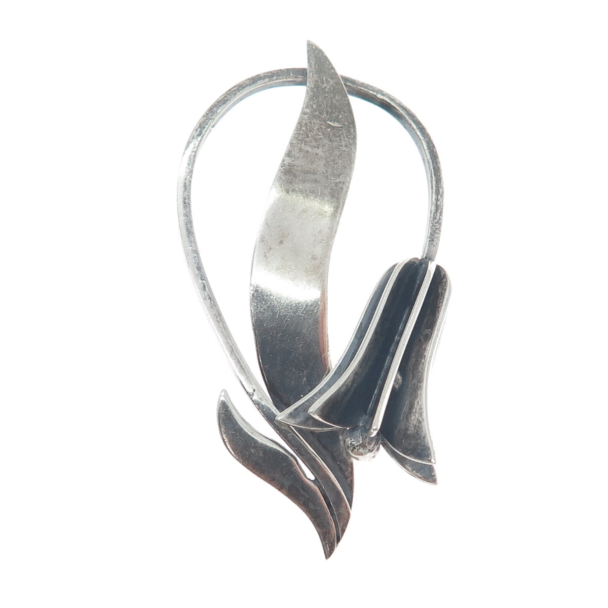 GINA Sterling Silver Vintage Mexico Tulip Flower Modernist Oxidized Pin Brooch