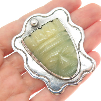 ELNA 925 Sterling Silver Vintage Mexico Real Jade Carved Mayan God Pin Brooch
