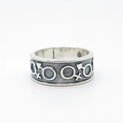925 Sterling Silver Vintage Mexico Gender Symbols Band Ring Size 6