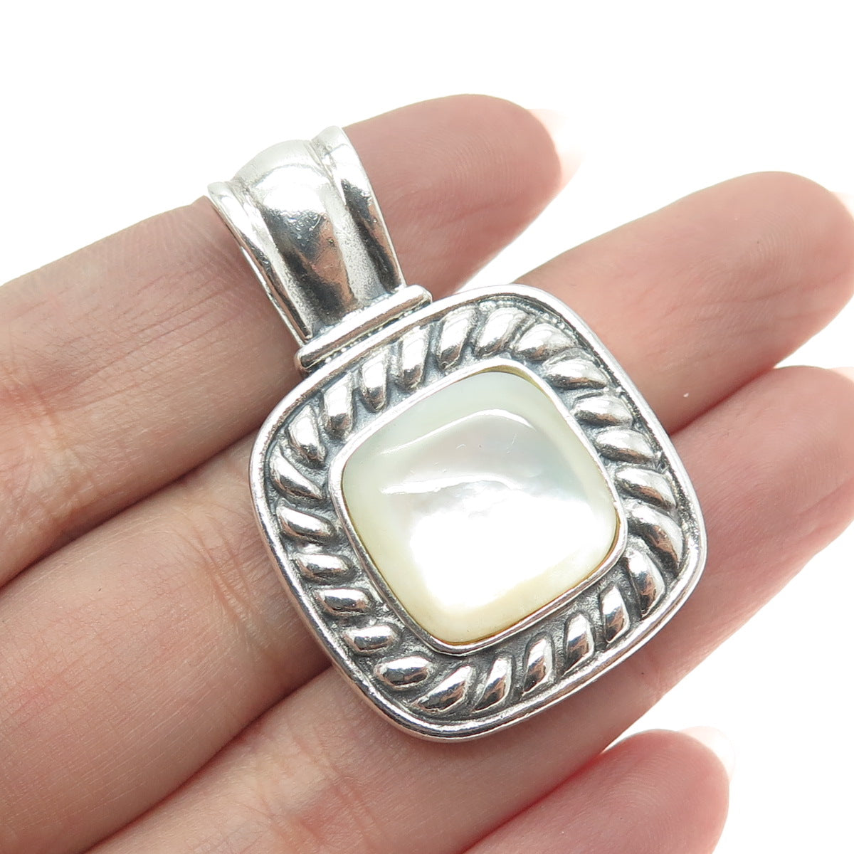 925 Sterling Silver Vintage Real Mother-of-Pearl Twisted Pendant