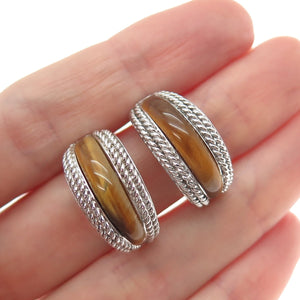 SAI 925 Sterling Silver Vintage Real Tiger Eye Crescent Hoop Earrings