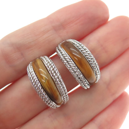 SAI 925 Sterling Silver Vintage Real Tiger Eye Crescent Hoop Earrings