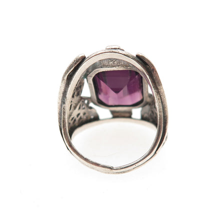 925 Sterling Silver Antique Art Deco Real Emerald-Cut Amethyst Ring Size 2