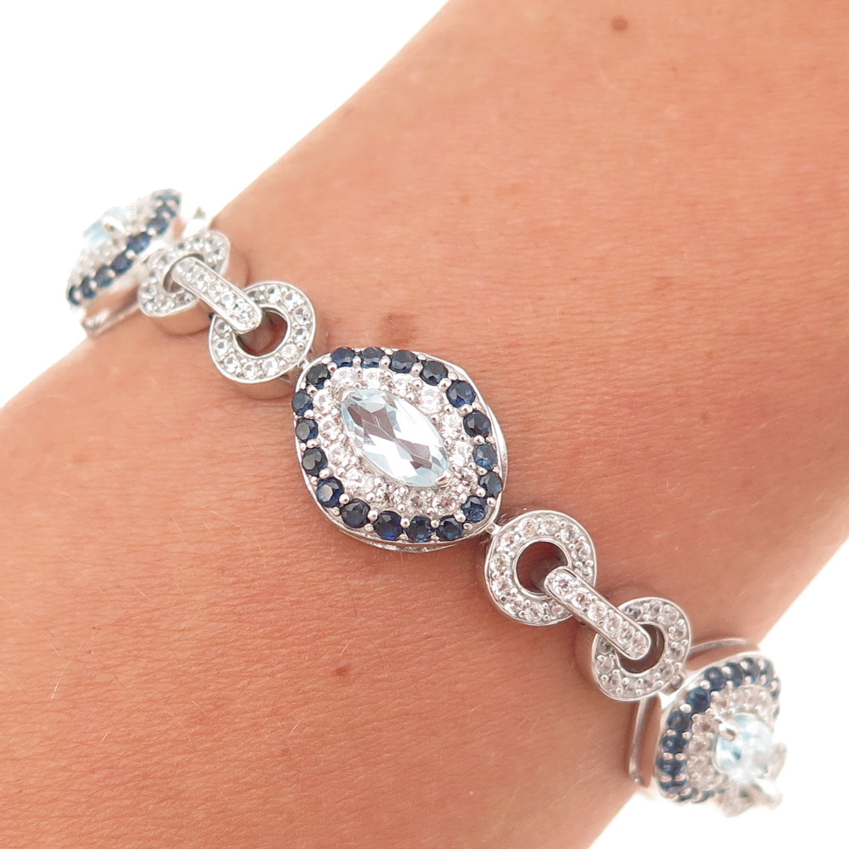 925 Sterling Silver Real Sapphire Blue & White Topaz Bracelet 7"