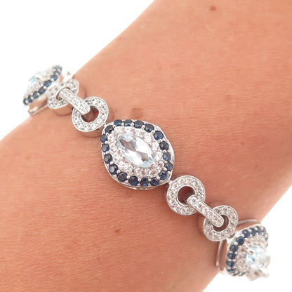 925 Sterling Silver Real Sapphire Blue & White Topaz Bracelet 7"