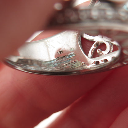 925 Sterling Silver Real Blue & White Topaz Heart Ornate Ring Size 7.25