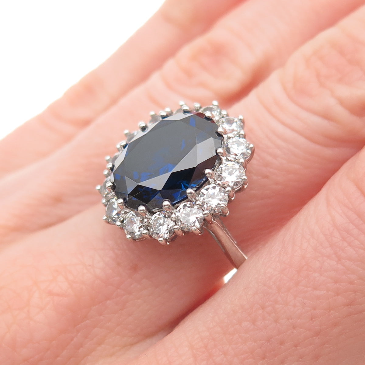 925 Sterling Silver Oval-Cut Blue & Round-Cut White C Z Ring Size 8.25