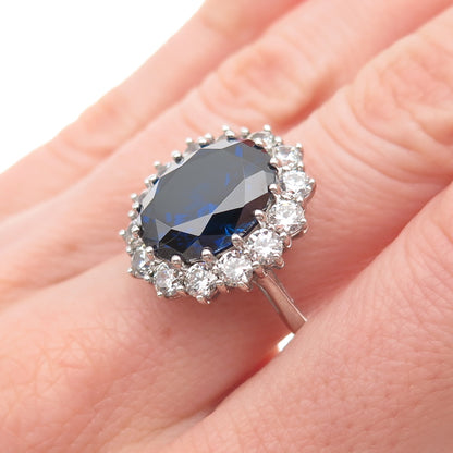925 Sterling Silver Oval-Cut Blue & Round-Cut White C Z Ring Size 8.25