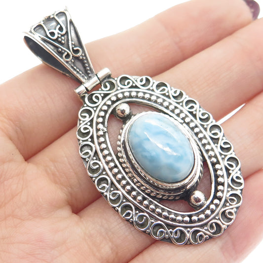 925 Sterling Silver Vintage Real Larimar Gemstone Boho Ornate Pendant