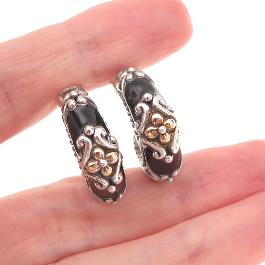 Barbara Bixby 925 Sterling Silver 18K Gold Enamel Floral Hoop Earrings