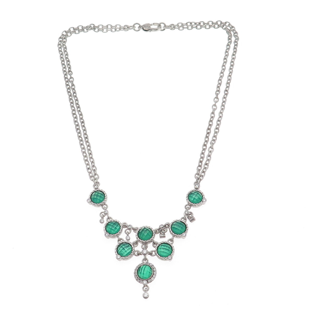 Judith Ripka 925 Sterling Silver Real Green Onyx & C Z Double Chain Necklace 18"