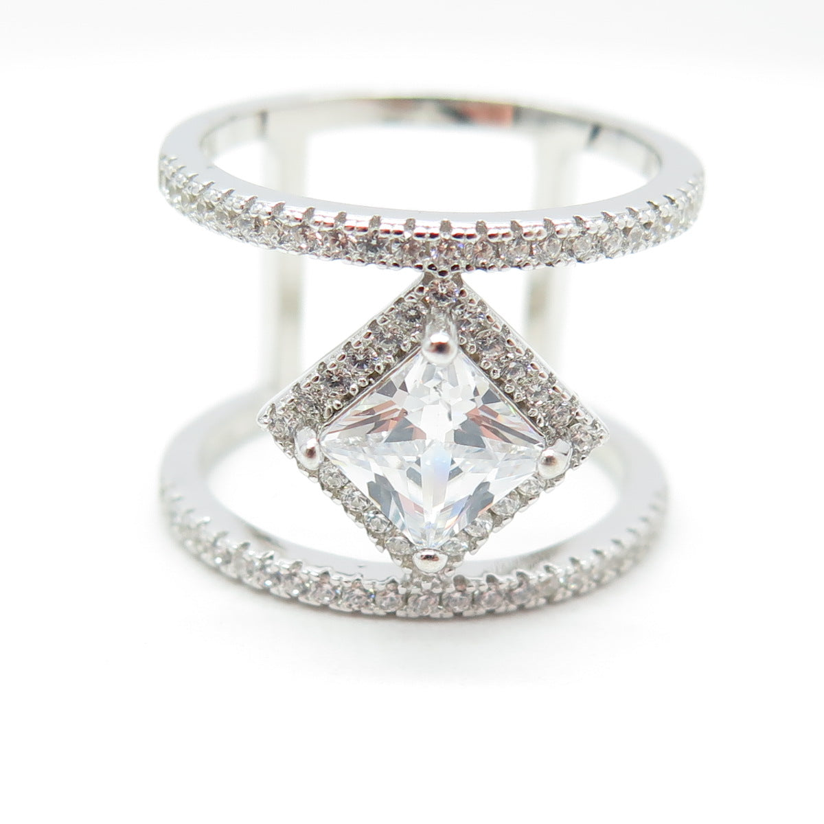 925 Sterling Silver Princess & Round-Cut C Z Modernist Ring Size 8