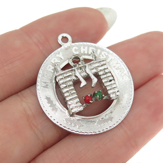 M&M 925 Sterling Silver Vintage Calcedony & Coral Merry Christmas Charm Pendant