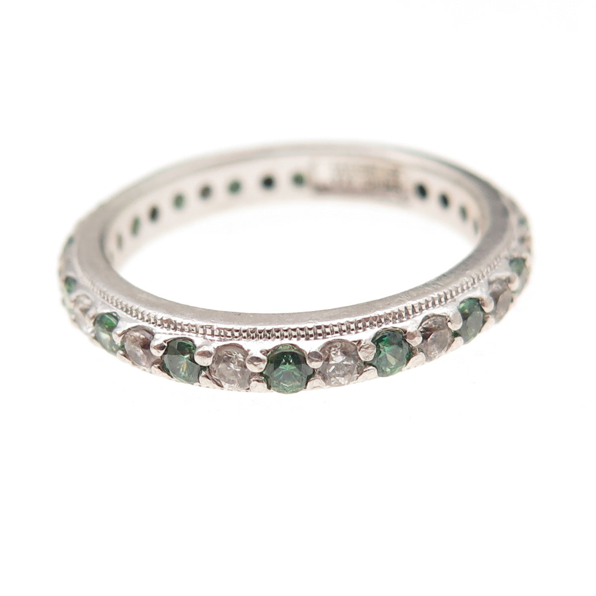 Tacori 925 Sterling Silver Green & White C Z Eternity Band Ring Size 7.25