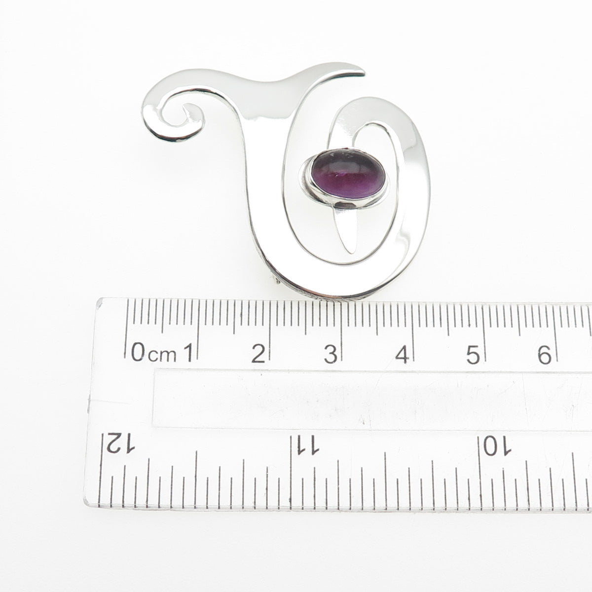 925 Sterling Silver Vintage Mexico Real Amethyst Modernist Spiral Pin Brooch