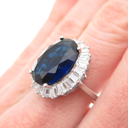 925 Sterling Silver Oval-Cut Blue Tapered Baguette-Cut White C Z Ring Size 7.25