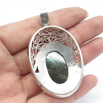 925 Sterling Silver Vintage Real Labradorite Gemstone Ornate Pendant