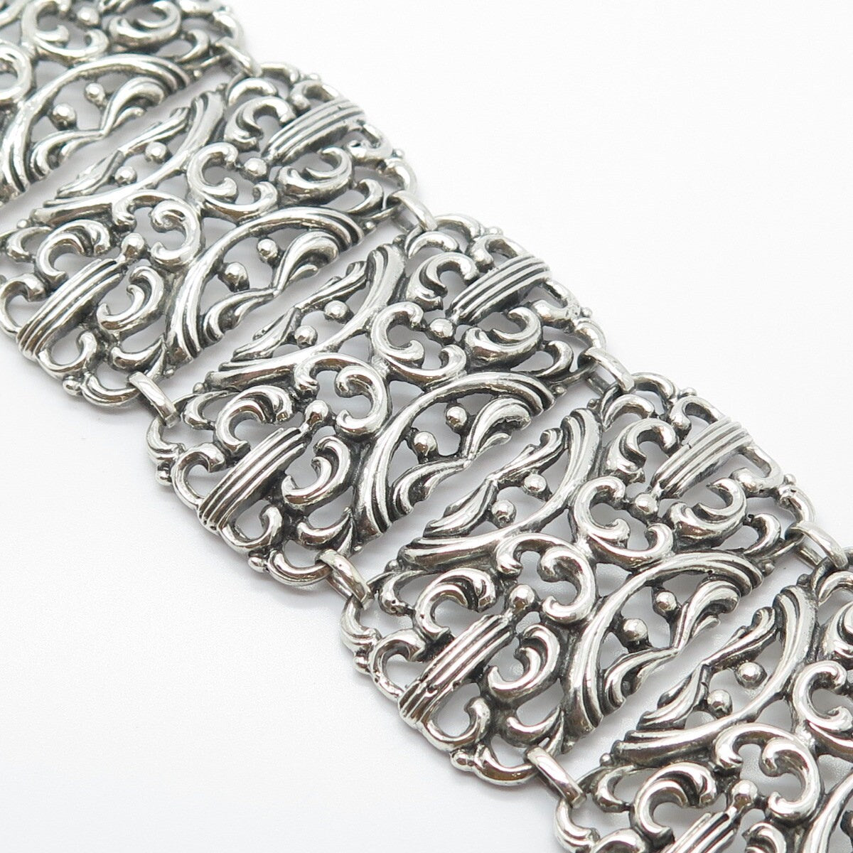 925 Sterling Silver Vintage Ornate Wide Panel Link Bracelet 7"