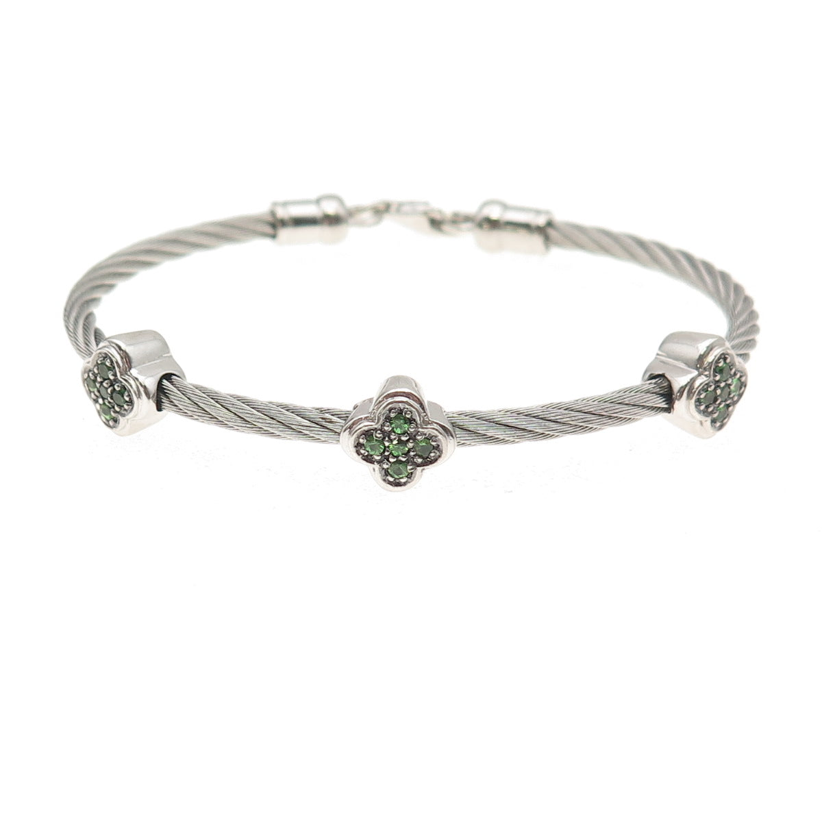 925 Sterling Silver Real Chrome Diopside Floral Station Bracelet 6.75"