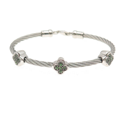 925 Sterling Silver Real Chrome Diopside Floral Station Bracelet 6.75"