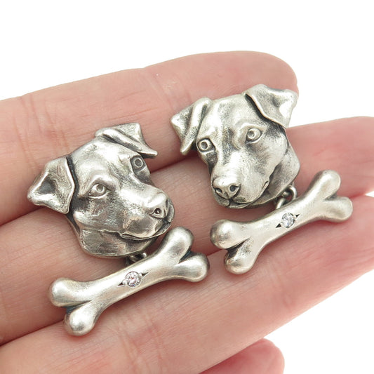 925 Sterling Silver Vintage Real Round-Cut Diamond Jack Russell Cufflinks