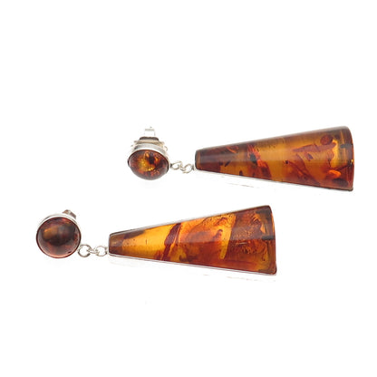 925 Sterling Silver Vintage Real Amber Modernist Dangle Earrings