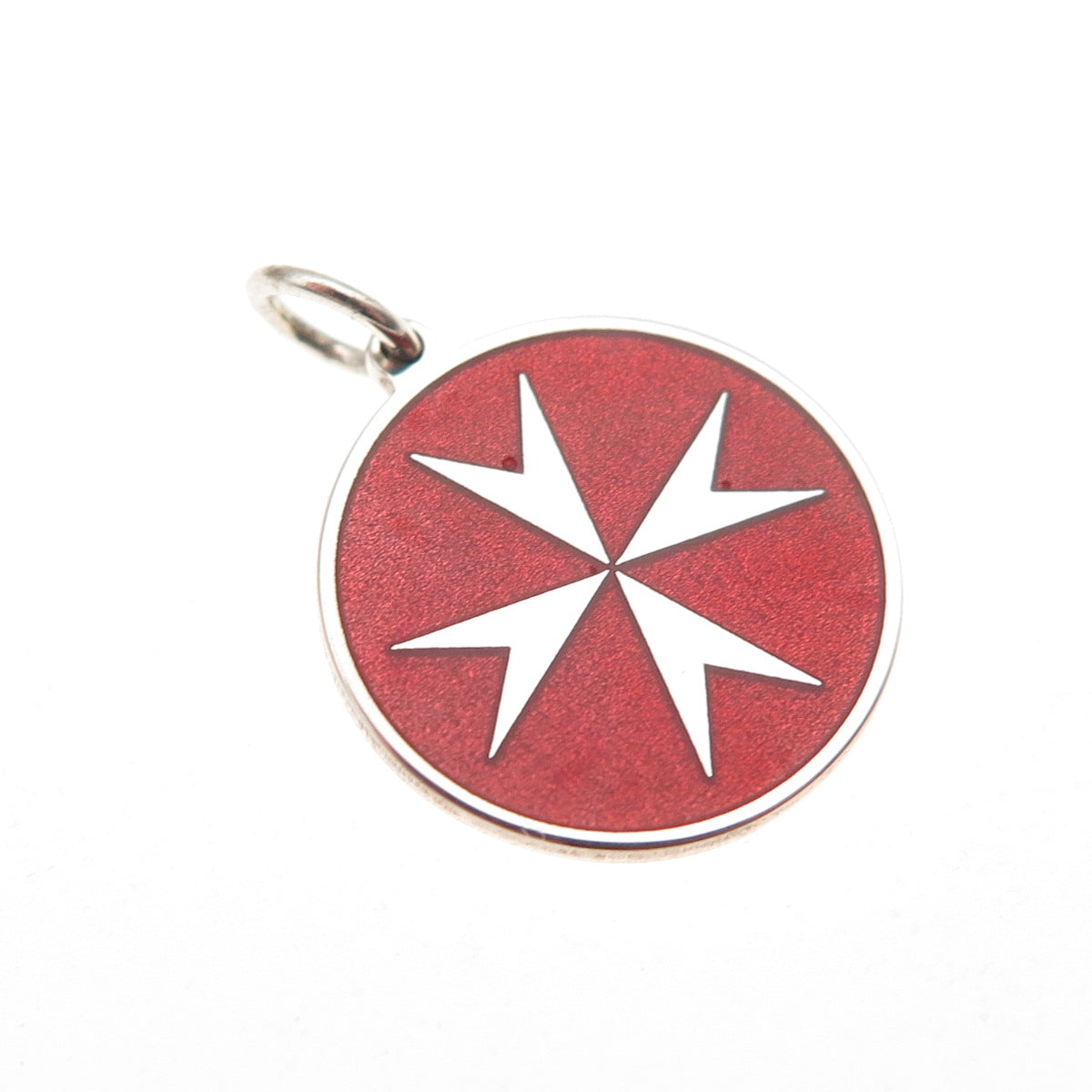 925 Sterling Silver Red Enamel Maltese Cross Round Tag Mini Charm Pendant