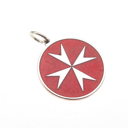 925 Sterling Silver Red Enamel Maltese Cross Round Tag Mini Charm Pendant