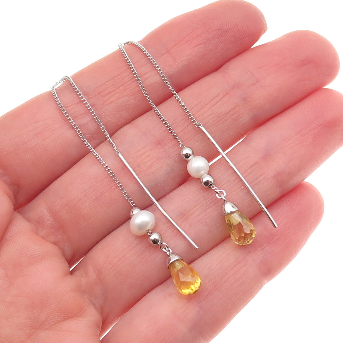 925 Sterling Silver Real Pearl & Lemon Quartz Chain Drop Earrings