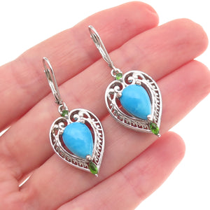 Chuck Clemency 925 Sterling Silver Real Turquoise Peridot Heart Dangle Earrings