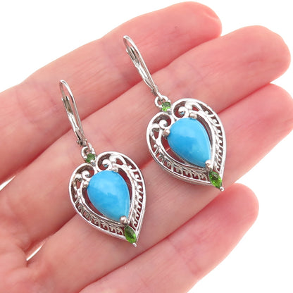 Chuck Clemency 925 Sterling Silver Real Turquoise Peridot Heart Dangle Earrings