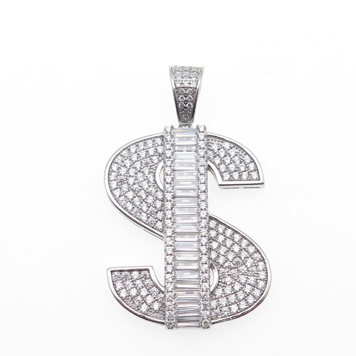 925 Sterling Silver Round & Baguette-Cut Dollar Sign Charm Pendant