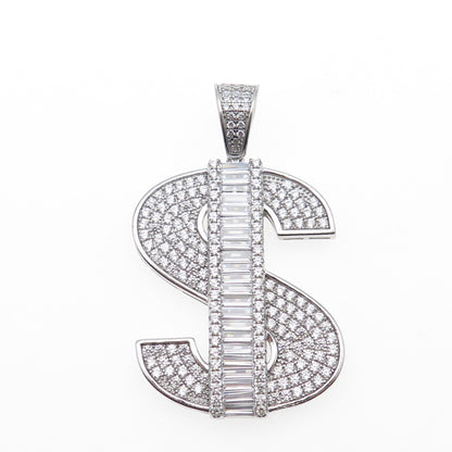 925 Sterling Silver Round & Baguette-Cut Dollar Sign Charm Pendant