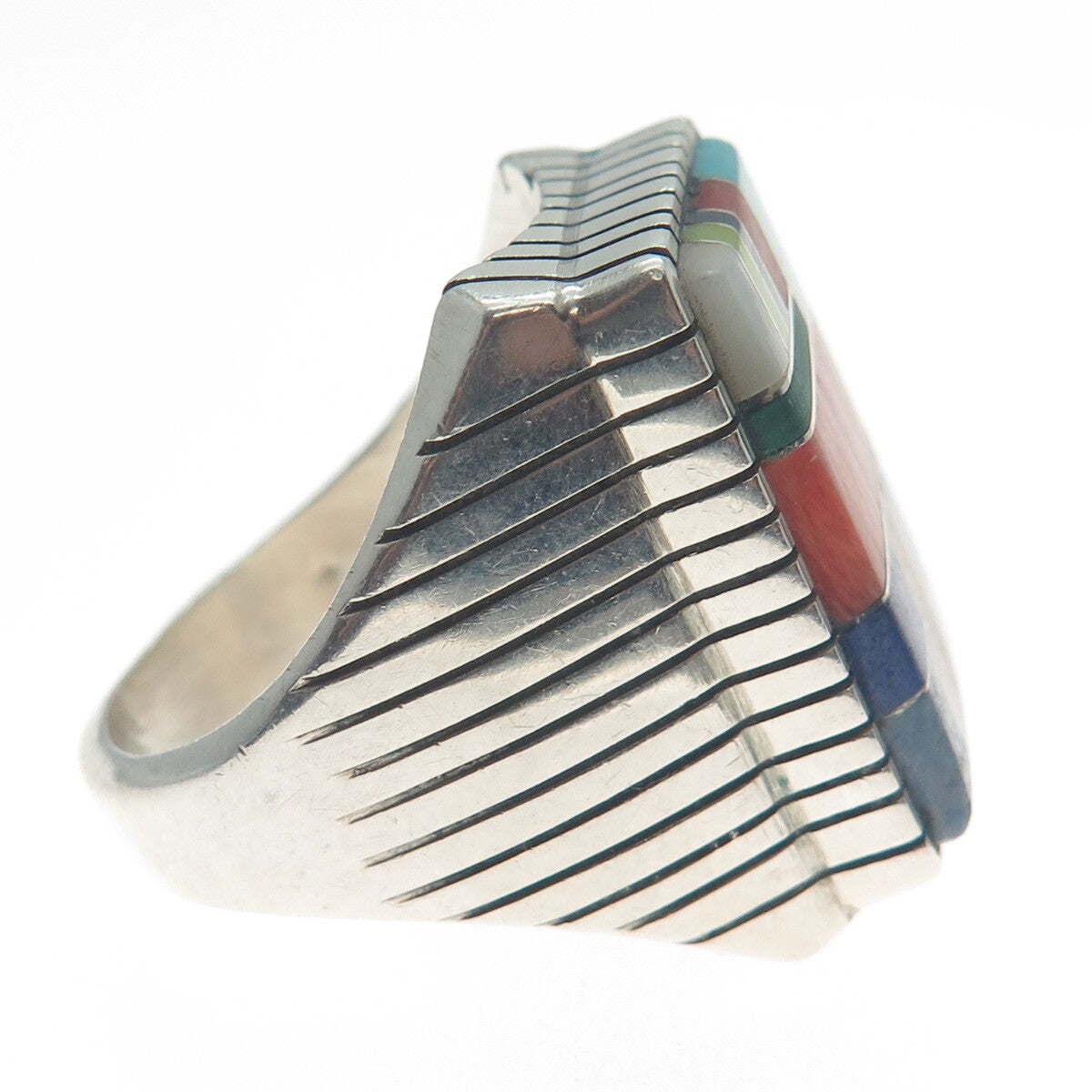 JIMMY POYER NAVAJO Old Pawn Sterling Silver Vintage Multi-Gem Ring Size 11.25